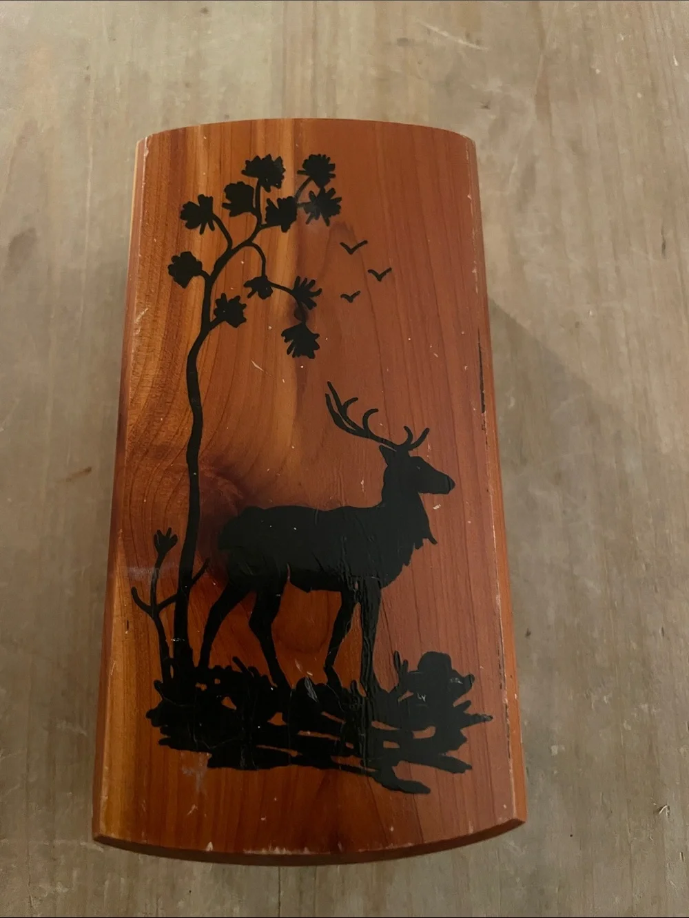 Vintage cedar trinket box Art with Deer Silhouette -Big Basin Stare park